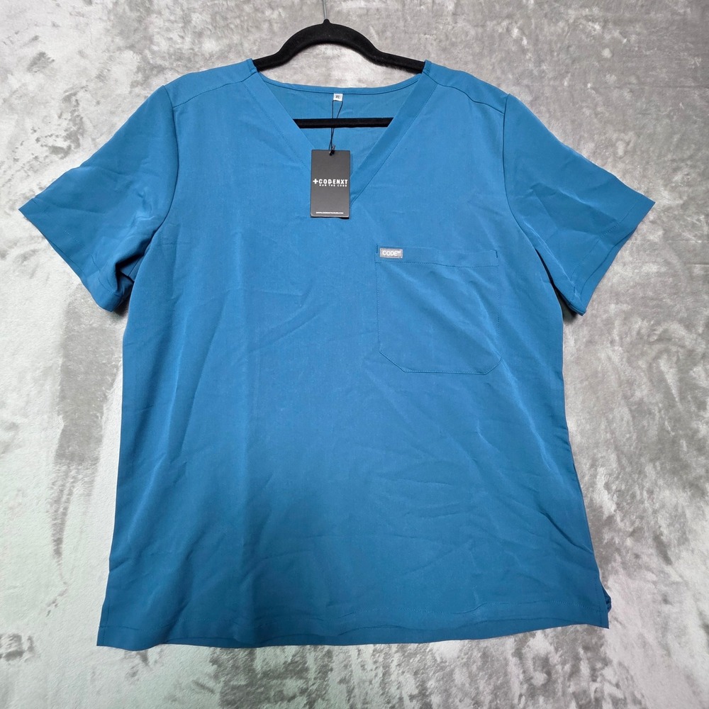 Code NXT Run The Code V-Neck Scrub Top Teal Blue XL Short Sleeve Pocket